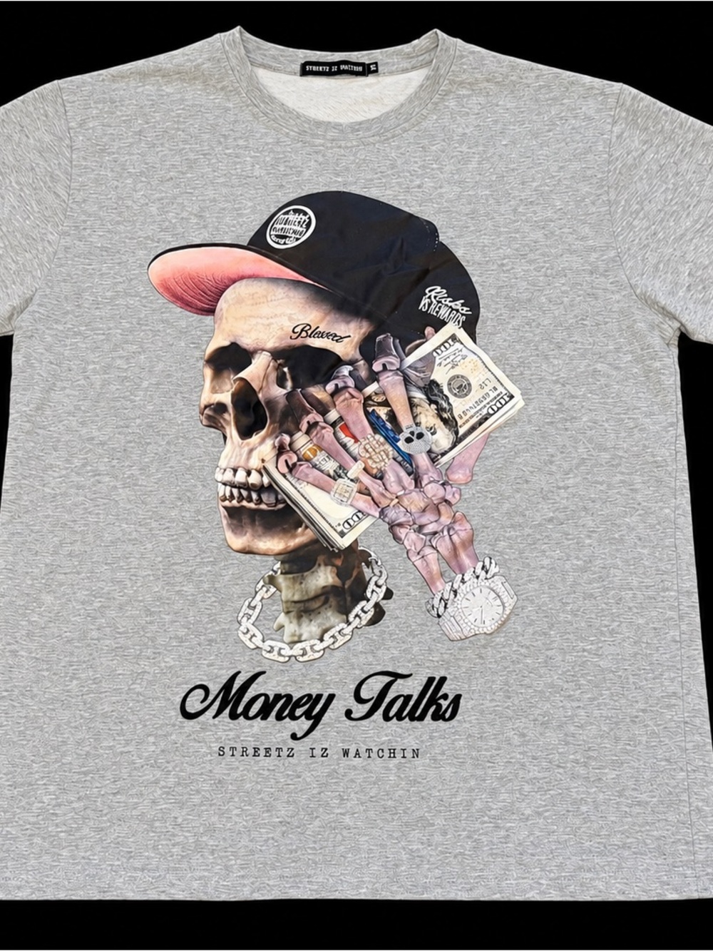 Streetz Iz Watchin Money Talks Skull Graphic Tee Gray Size M